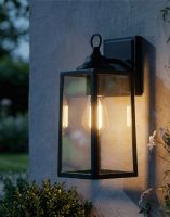 Digital Illustration of the Black Contemporary "Clearscape" Outdoor Rectangular Top Fix Wall Lantern Mounted on a White Garden Wall