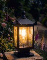 Digital Illustration of the Black Contemporary Victorian Pillar Light Mounted on a Stone Garden Pillar Whilst Lit up at Night