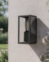 Digital Illustration of the Black Modern Tall Box Wall Light Mounted on a Sunny White Building Wall