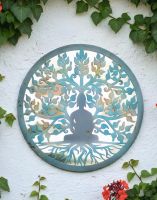 Digital Illustration of the Buddha and The Tree of Life Mirrored Garden Wall Art Mounted on a White Garden Wall