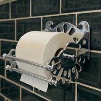 Digital Illustration of the Chrome Version of The Victorian ”Mitchell” Toilet Roll Dispenser Holding a Toilet Roll Close up View 