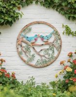 Digital Illustration of the Colourful Birds Garden Wall Art Mounted on a White Garden Wall Viewed from Further Back with More Flowers in Image