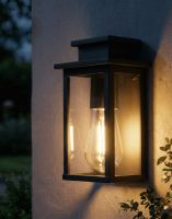 Digital Illustration of the Contemporary "Beaumont" Black Wall Lantern Lit up at Night
