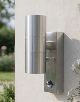 Digital Illustration of the Contemporary Stainless Steel PIR Sensor Up & Down Wall Light Mounted on a White Garden Wall