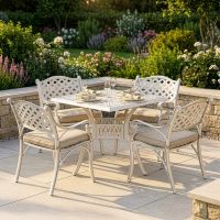 Digital Illustration of the Deluxe "Blanche" Outdoor Dining Set Dressed For Dining with cushions