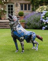 Digital Illustration of the ‘Fenris’ the howling wolf Upcycled Oil Drum Garden Sculpture Posititoned of a Garden Lawn with Hydrangeas in the Background