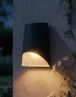 Digital illustration of the "Hedsor" Contemporary Downlighter Wall Light Lit up at Night