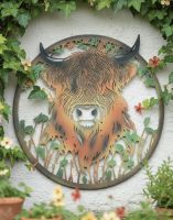 Digital Illustration of the Highland Cow in Long Grass Silhouette Garden Wall Art Mounted on a White Exterior Wall