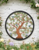 Digital Illustration of the Multi-Coloured Circular "Tree of Life" Garden Wall Art Mounted on Rustic White Painted Wall