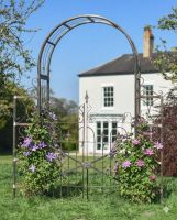Digital Illustration of the Ornate Rustic "Aesica" Garden Rose Arch With Gate Dressed in Flowers