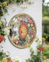 Digital Illustration of the Rustic Bee Hive Mirrored Garden Wall Art Close to the Corner of a White Garden wall