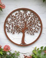 Digital Illustration of the Rustic Steel Garden Wall Art With Oak Tree Front Facing View Mounted on a Garden Wall