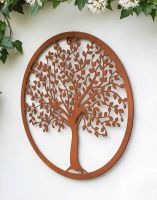 Digital Illustration of the Rustic Steel Garden Wall Art With Oak Treewith an Angled View Mounted on a Garden Wall