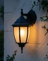 Digital Illustration of the Small Black Version of the Traditional "Winter Frost" Aluminium Victorian Top Fix Wall Lantern Lit up at Night