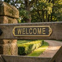 Digital Illustration of the Solid Brass "Welcome" Sign Mounted on a Wooden Fence on a Front Garden Driveway
