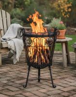 Digital Illustration of the Standard Lincoln Brazier Fully Lit in Front of Some Wooden Garden Furniture 