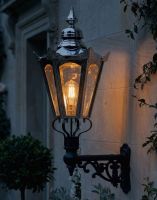 Digital Illustration of the Standard Size Polished Nickel Concorida Hexagonal Lantern On a Capella Bracket Lit up at Night