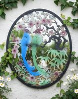 Digital Illustration of the Steel Cherry Blossom and Birds Mirrored Wall Art Close up Angled View