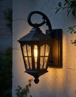 Digital Illustration of the Traditional "Fishhook" Vintage Outdoor Top Fix Wall Lantern in Black Lit up at Night