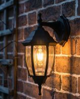 Digital Illustration of the Traditional Black "Clear Skies" Aluminium Victorian Top Fix Wall Lantern Illuminated at Night