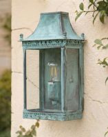 Digital Illustration of the Verdigris Finished "Henlow" Traditional Wall Lantern Mounted on a Rustic Cream Garden Buildingjpg