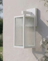 Digital Illustration of the White Version of the Davenport Ribbed Glass Wall Light Fixed to a Cream Coloured Exterior Wall