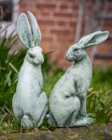 Digital illustration of Verdant Watchers Pair of Sitting Rabbit Garden Sculpture Cast Aluminium both hares stood together