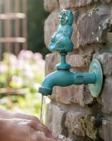 Digital illustration of Verdigris Water Nymph Garden Tap with water flowing out of tap onto hands