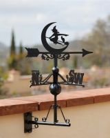 Digital illustration of weathervane witch mounted on a terrace wall