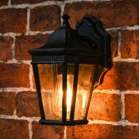 Digital Representation of "Bramford Bank" Standard Black Ornate Wall Lantern lit up at night