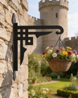 Digital representation of Art Deco Heavy Duty Iron Hanging Basket Bracket mounted in castle gardens