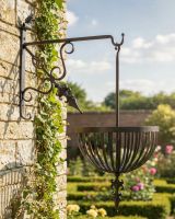 Digital Representation of “Fenwick” Hanging Flower Basket & Matching Bracket mounted on in a rose garden 