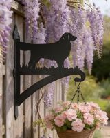 Digital Illustration of the Golden Retriever Dog Iron Hanging Basket Bracket Mounted on a Rustic Fence