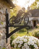 Digital representation of Speedway Motorbike Racing Iron Hanging Basket Bracket mounted on a village home