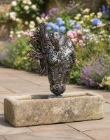 Digital illustration of the Heavy Duty Recycled Chain Metal Horse Head Ornament Sculpture full view on a garden path Digital illustration of the Heavy Duty Recycled Chain Metal Horse Head Ornament Sculpture full view on a garden path