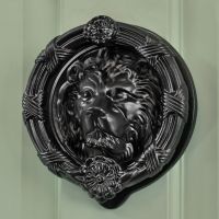 Black circle Lion door knocker on pastel door Black circle Lion door knocker on pastel door