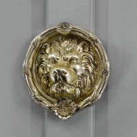 Round Polished Brass Sandringham door knocker on Pastel grey door