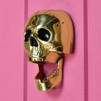 Polished brass Halloween door knocker novelty skull