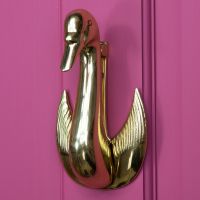 Brass Swan design door knocker mounted on pink door Brass Swan design door knocker mounted on pink door