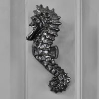 Black Seahorse Door knocker on grey door Black Seahorse Door knocker on grey door