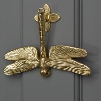 Dragon fly door knocker mounted on Grey door
