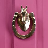 Equestrian door knocker on pink door