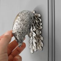 Bright Chrome Hedgehog door knocker on grey door scale image