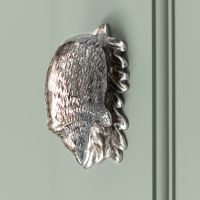 Bright Chrome Hedgehog door knocker on green door