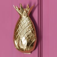Polished brass pineapple door knocker on a pink door Polished brass pineapple door knocker on a pink door