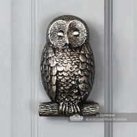Antique Pewter Owl Door Knocker on a Light Grey Door