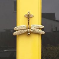 Dragon Fly Door Knocker finished in Polished Brass, mounted on yellow door. 