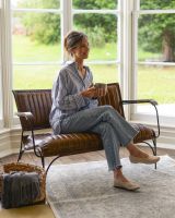 Traditional Brown Leather and Iron Two Seater Chair to Scale