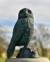 Verdigris Finish Cast Aluminium Owl Sculpture Face on Verdigris Finish Cast Aluminium Owl Sculpture Face on