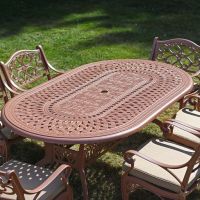 The "Montacute" 6-Seater Garden Dining Set - Antique Terracotta Table Close Up In A Garden